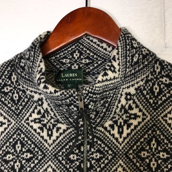 Vintage Lauren Ralph Lauren Women 1X Plus Black Cream Wool Zip Cardigan Sweater - Picture 5 of 7